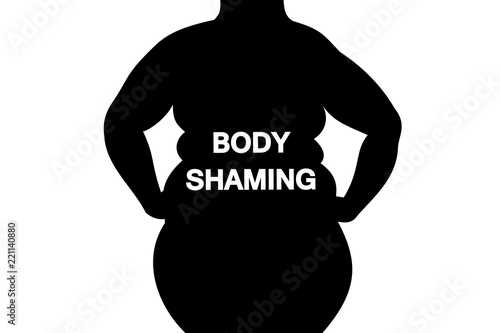 Body shaming - fat and obese woman body is labelled with body-shaming sign. Negative body image because of overweight and ugly figure. Assault and attack because of physical beauty