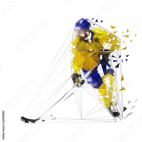 Hockey player, polygonal vector illustration. Low poly ice hockey skater with puck