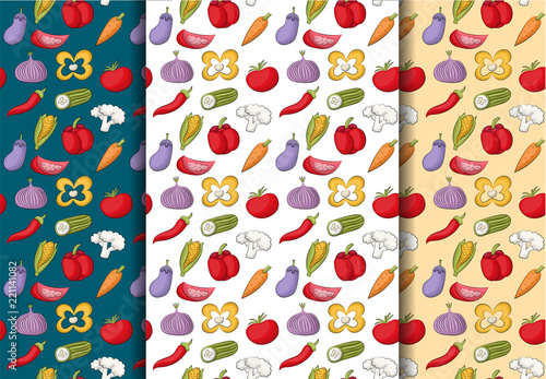 Vegetables seamless pattern. Repear background with eco organic food for advertisement, restaurant menu template, wrapping. Vector illustration.