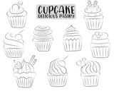 Vanilla and chocolate cupcakes cute hand drawn set. Black and white outline coloring page kids game. Monochrome link line art. Vector illustration.