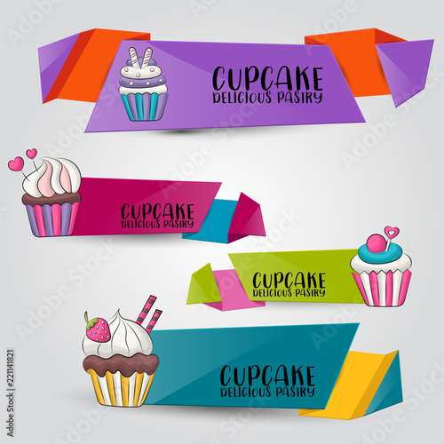 Cupcake bakery horizontal label banner set. Cute template for menu  advertisement  web page. Vector illustration.