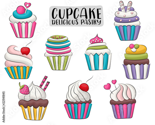 Vanilla and chocolate cupcakes cute hand drawn set. Sweet dessert concept. Vector illustration.