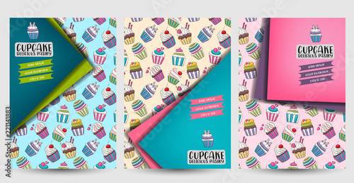 Cupcake bakery flyer or posters set. Background for advertisement, menu, brochure template. Vector illustration.