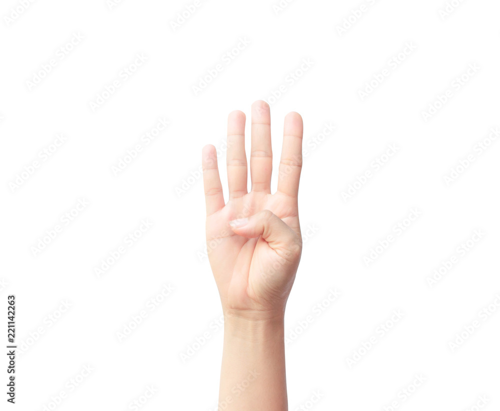 Woman hand show with finger four isolated on white background Woman hand show with finger four isolated on white background