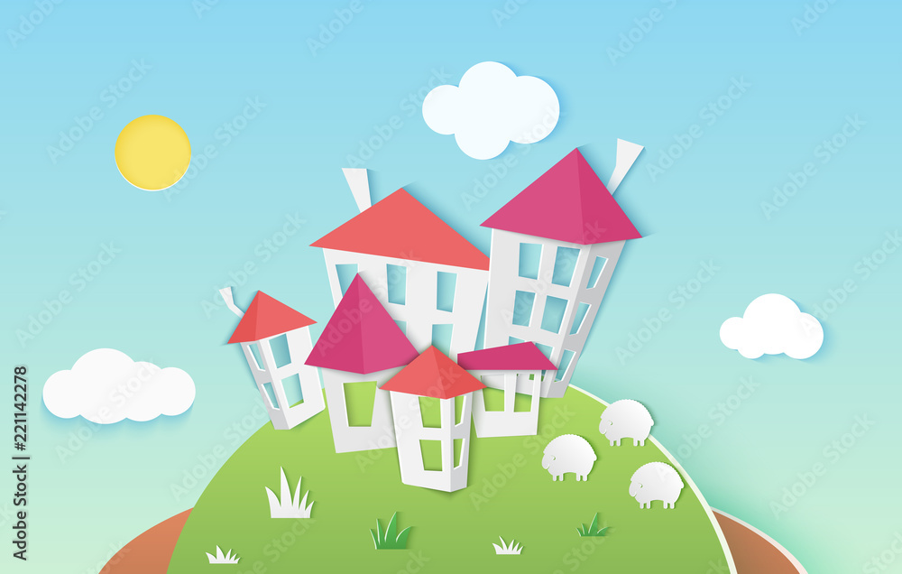 Small cute houses buildings on hill made of paper. Paper cuted style city vector illustration.