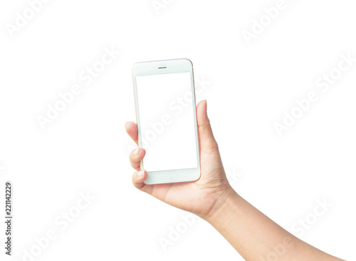 Woman hand holding the white smartphone
