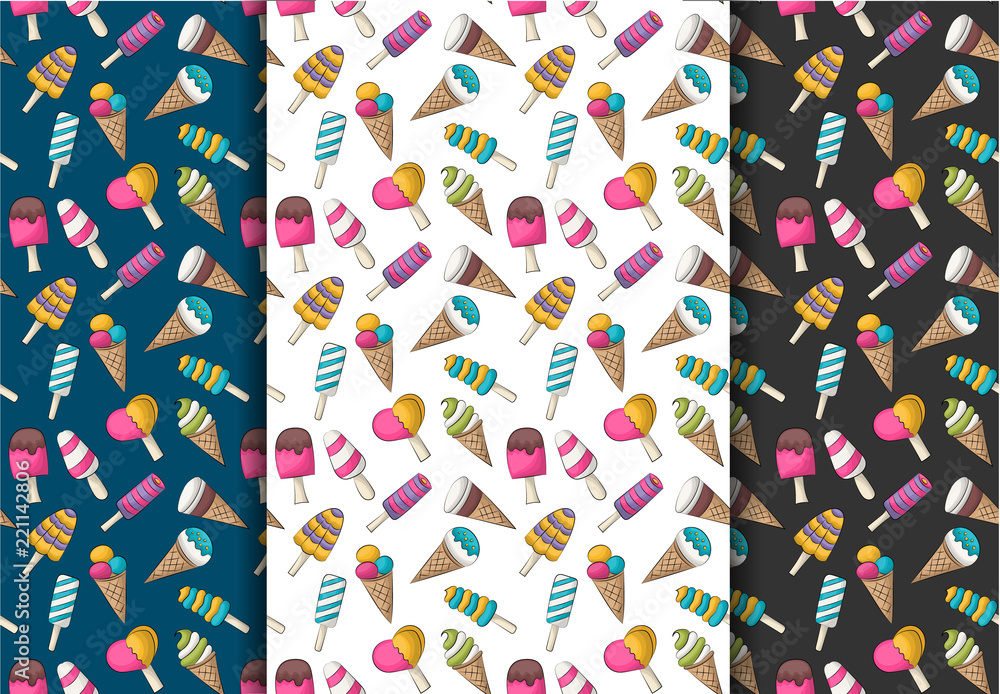 Seamless pattern with cute ice cream cones and popsicles. Colorful girly and childish decor repeat background. Vector illustration. Seamless pattern with cute ice cream cones and popsicles. Colorful girly and childish decor repeat background. Vector illustration.