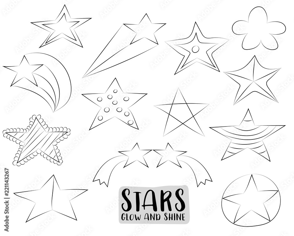 Cute cartoon style stars. Black and white outline coloring page kids game.  Monochrome line art. Vector illustration. Baby and children design concept.  Stock Vector | Adobe Stock