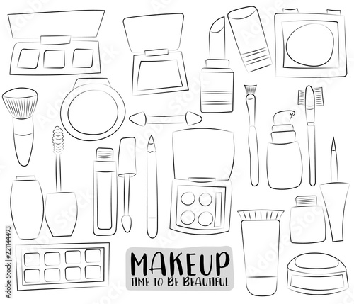 Makeup and beauty set of icons and objects. Hand drawn cartoon style design concept. Black and white outline coloring page kids game. Monochrome line art. Vector illustration.
