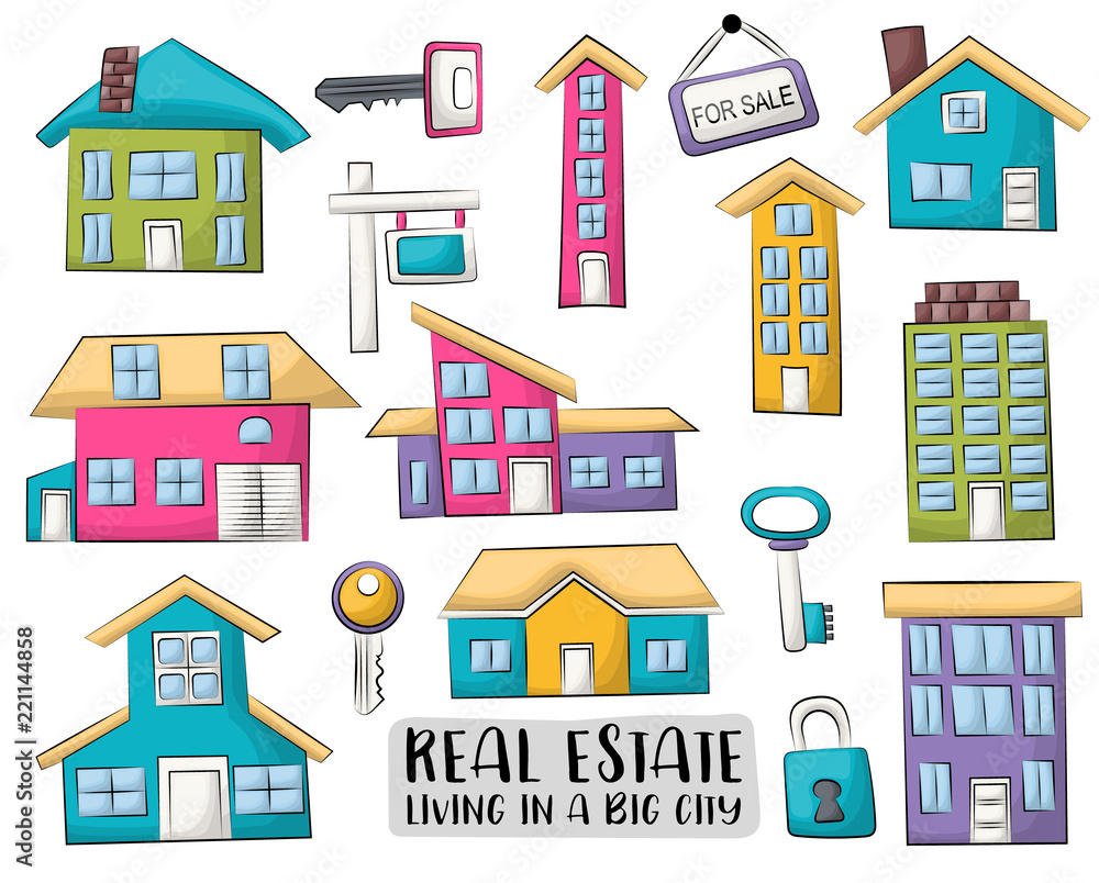 Real estate business set of icons and objects. Hand drawn cartoon style design concept. Vector illustration.