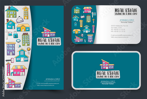 Real estate business flyer and business cards set. Background for advertisement, invitation, brochure template. Hand drawn cartoon style design concept. Vector illustration.