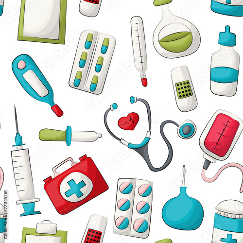 Medicine and healthcare seamless pattern. Colorful girly and childish decor repeat background. Hand drawn cartoon style medical clinic design concept. Vector illustration.