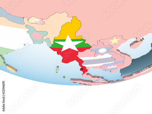 Myanmar with flag on globe