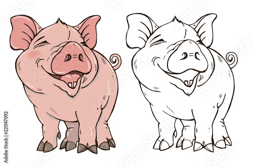 Cute pig in color and black and white, coloring page, vector illustration