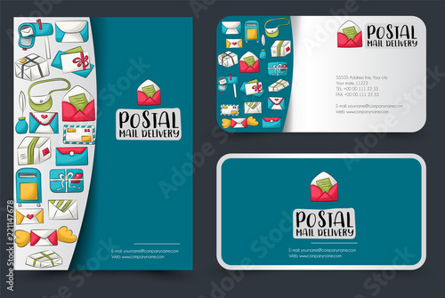 Postal service flyer and business cards set. Background for advertisement, invitation, brochure template. Hand drawn doodle cartoon style mail and package delivery courier concept.
