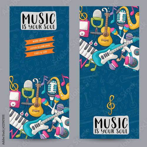 Music art vertical banner set. Cute poster for invitation, advertisement, web page. Hand drawn doodle cartoon style modern musical trends design concept. Vector illustration.