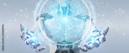 White cyborg using digital eye surveillance hologram 3D rendering