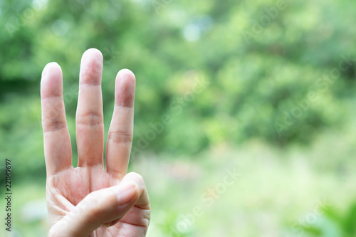 People hold three fingers in nature with copy space for swearing symbol concept. © mintra