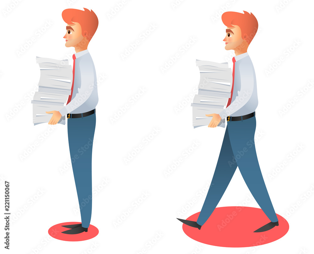 Confident, attractive businessman holding a stack of papers in his hand in standing and walking position vector illustration