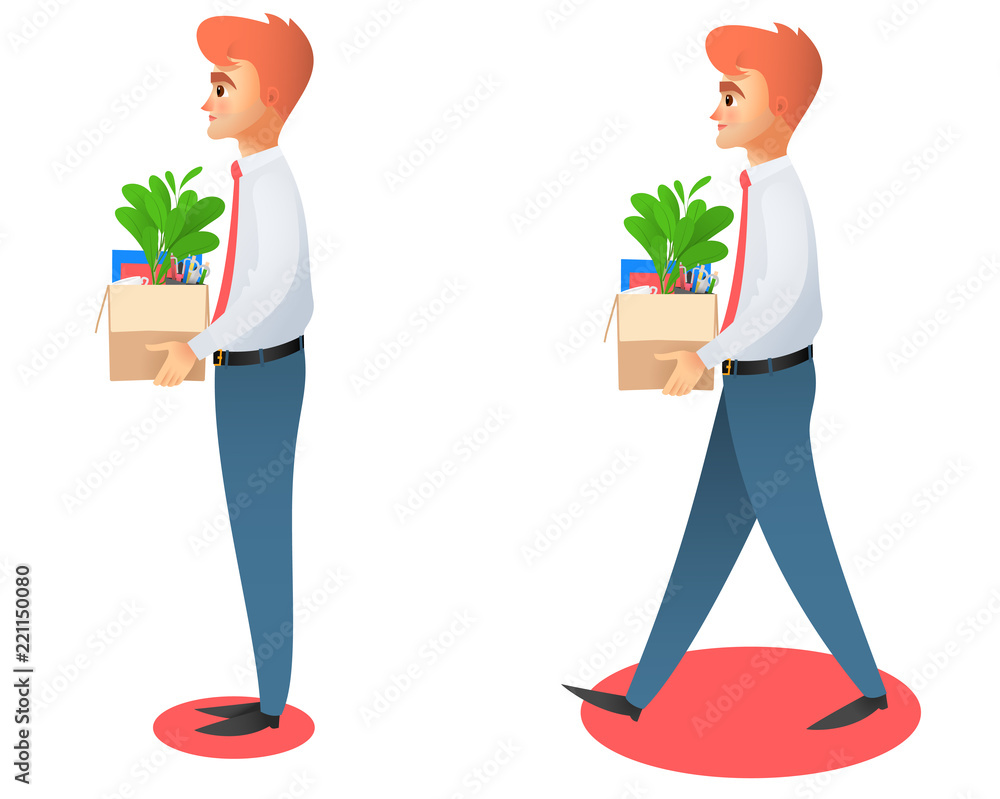 Confident businessman walking and holding a cardboard box with his office stuff vector illustration. Moving into new office or getting fired