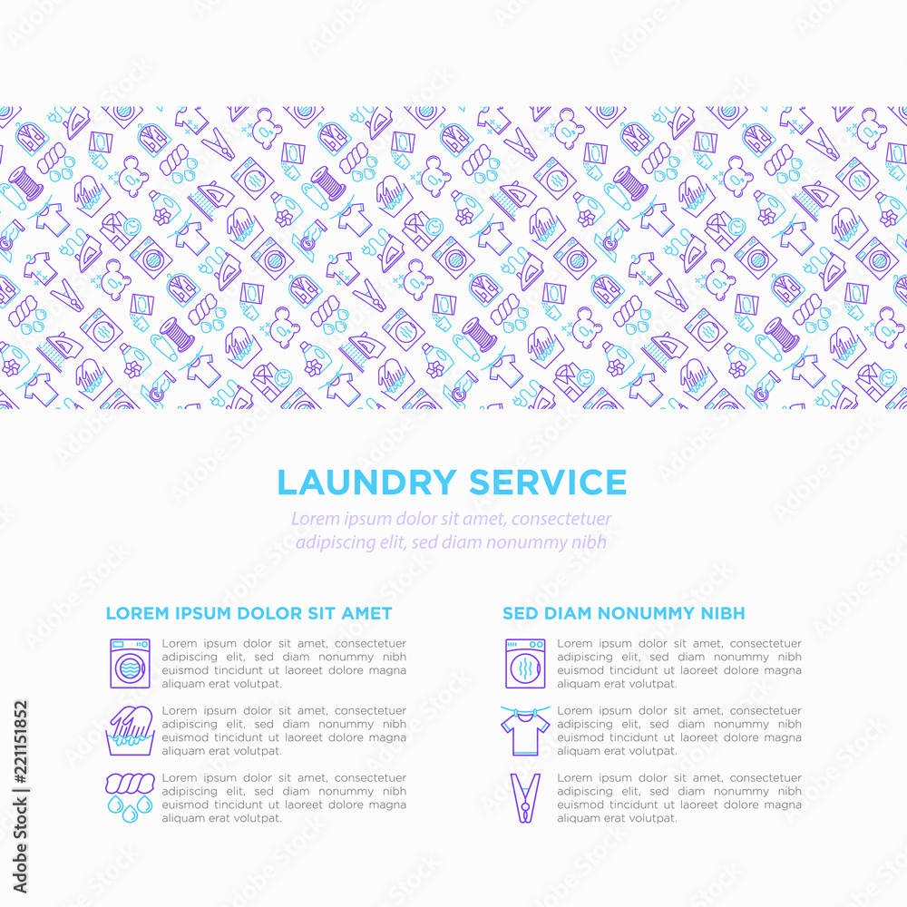 Laundry service concept with thin line icons: washing machine, spin cycle, drying machine, fabric softener, iron, handwash, steaming, ozonation, repair. Vector illustration, print media template.