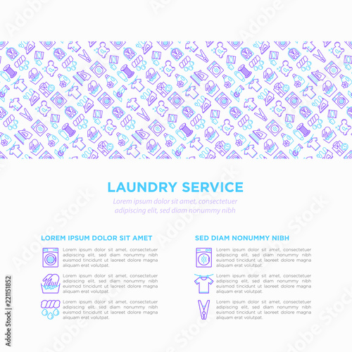 Laundry service concept with thin line icons: washing machine, spin cycle, drying machine, fabric softener, iron, handwash, steaming, ozonation, repair. Vector illustration, print media template.