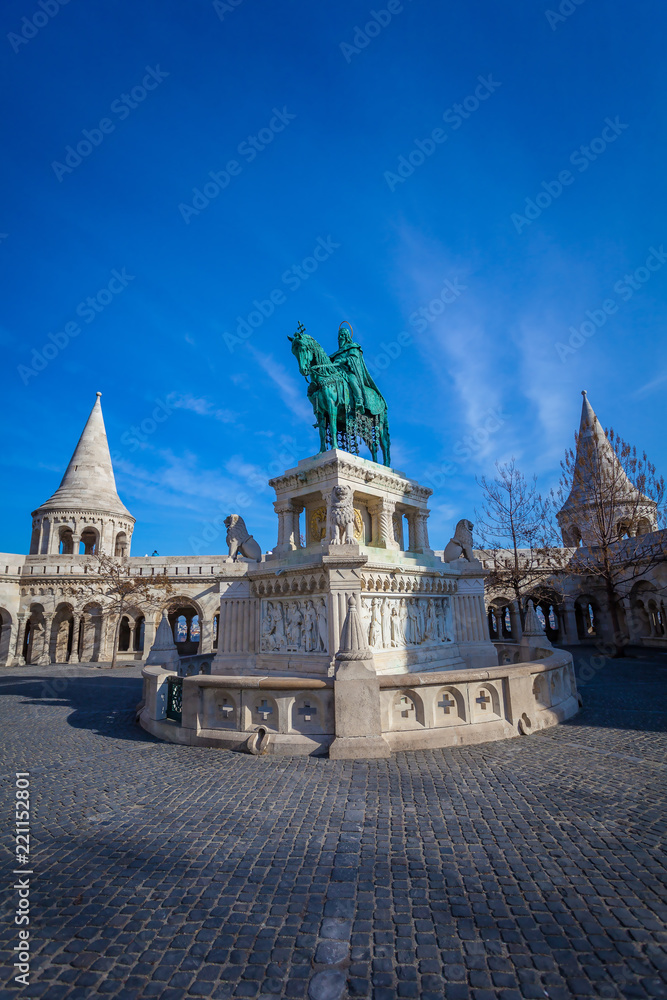 BUDAPEST / HUNGARY - FEBRUARY 02, 2012: View of historical landmark Szent István szobra monumente located in the capitol of the country, shot taken during winter day