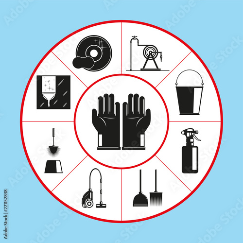 A set of vector icons in the form of a rug diagram on the topic of cleaning the premises. Vector illustration.