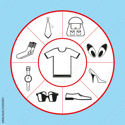 A set of vector icons in the form of a pie chart on the theme of clothing, shoes and accessories. Vector illustration.