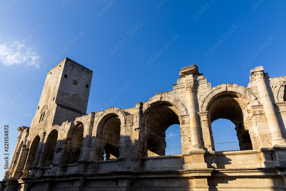 low angle view of beautiful famous ancient Arles Amphitheatre, provence, france