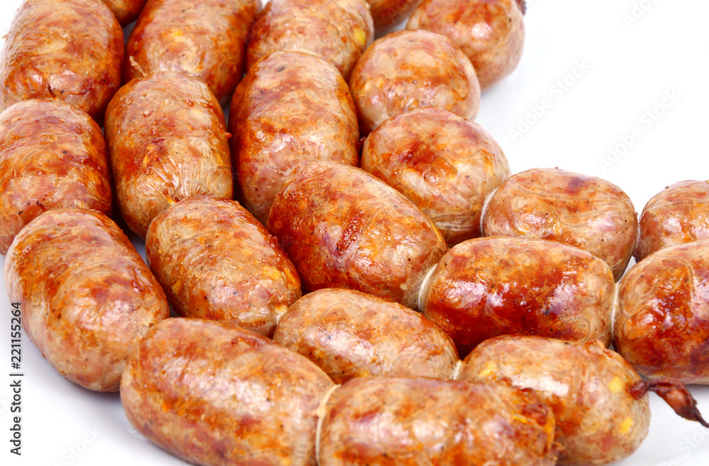Easten thai sausage (Thai name is Sai Krok Isan) on white background.
ground pork with vermicelli,Rice and garlic Sausage. Easten thai sausage (Thai name is Sai Krok Isan) on white background.
ground pork with vermicelli,Rice and garlic Sausage.
