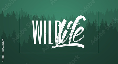 Vector illustration: Hand drawn brush typography lettering composition of Wild Life on green forest background