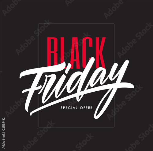 Vector illustration: Poster template with hand lettering of Black Friday in frame on dark background. Special offer