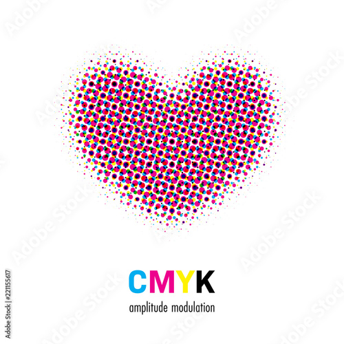 Abstract halftone heart shape in CMYK colors. Vector Illustration