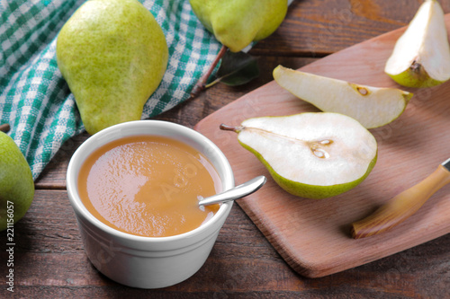 Wallpaper Mural Puree with pears with fresh pears in the background on a brown wooden table Torontodigital.ca