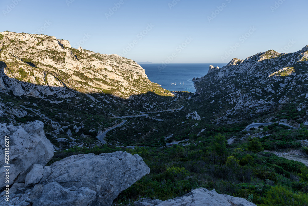 beautiful rocky mountains with green vegetation and tranquil sea view in Calanques de Marseille (Massif des Calanques), provence, france