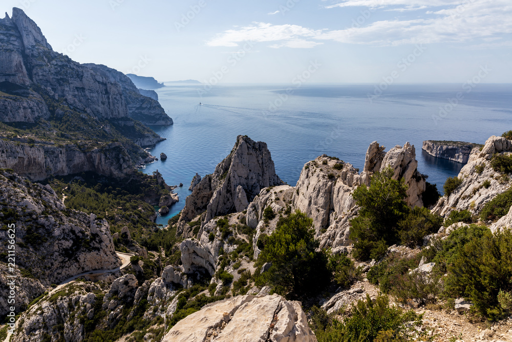 aerial view of beautiful cliffs and calm sea in Calanques de Marseille (Massif des Calanques), provence, france