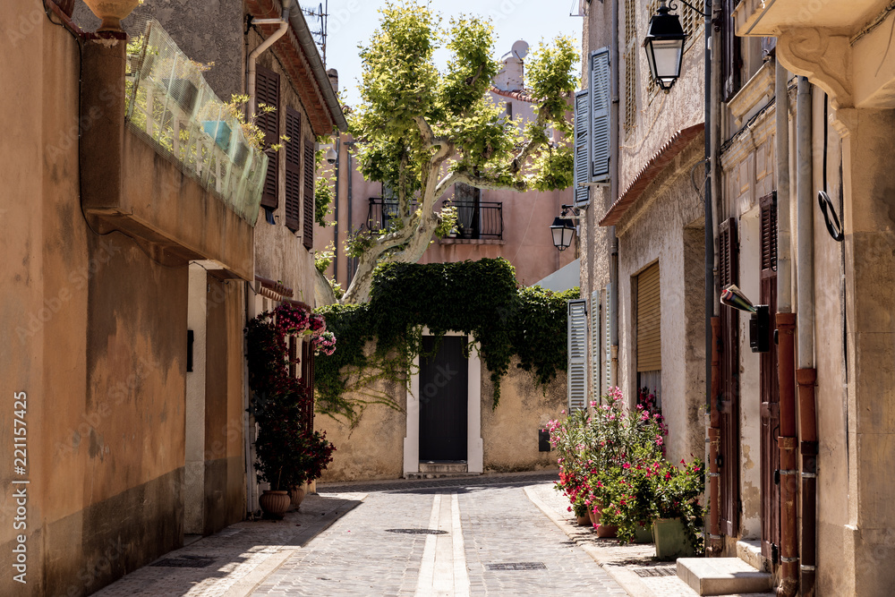 cozy narrow street with traditional houses and blooming flowers in pots, provence, france