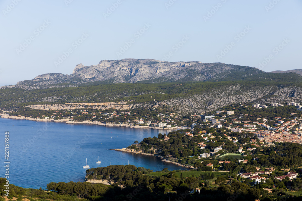 aerial view of beautiful village and sea harbour with yachts in Calanques de Marseille (Massif des Calanques), provence, france