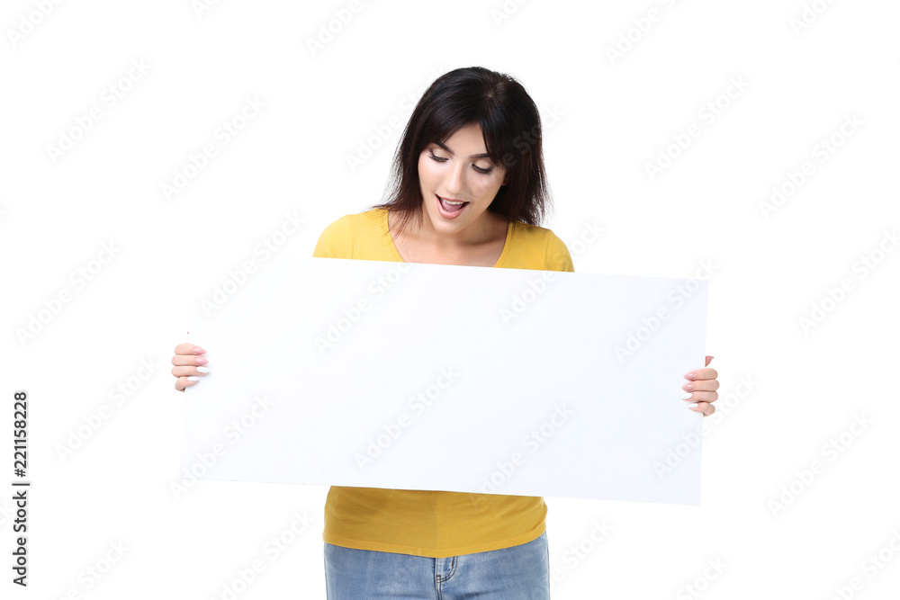 Young woman holding blank board on white background Young woman holding blank board on white background