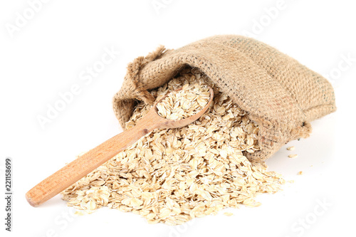 Oatmeal in sackcloth isolated on white background