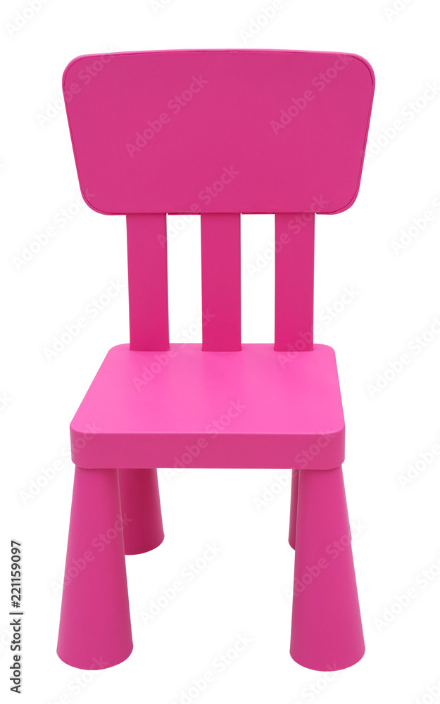 Front view of a pink children's plastic chair isolated on white background Front view of a pink children's plastic chair isolated on white background