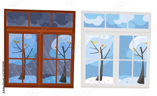 Set of 2 windows in flat style. A wooden brown window overlooking the winter evening, a white plastic window with a view of the winter day. Outside the window is a natural landscape 2 trees in snow