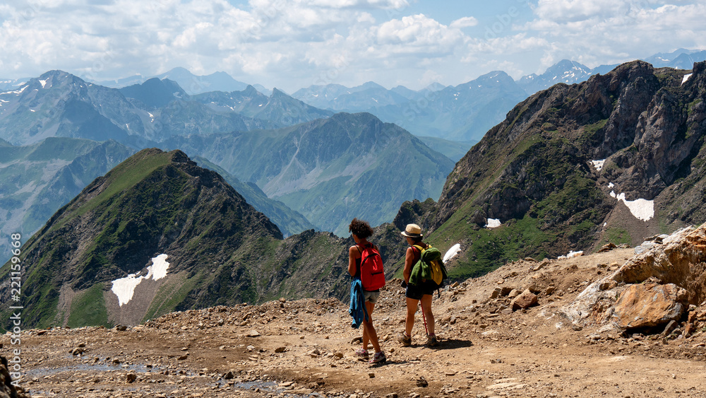 two women hikers on the trail of  Pic du Midi de Bigorre in the Pyrenees