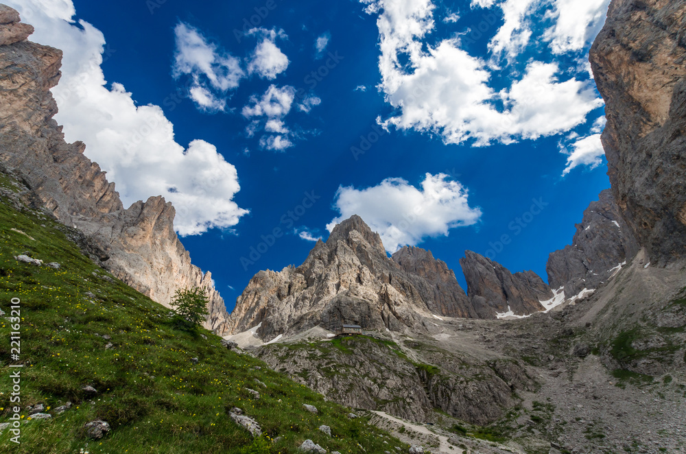 Sassolungo group in Dolomites, North Italy. Rifugio Vicenza area in Dolomiti mountains, Alto Adige, South Tyrol