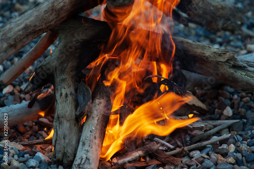 On small stones, a fire from a firewood burns beautifully!
