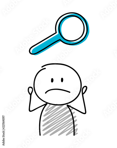 Stickman with confused facial expression holiding magnifier (search) icon. Vector. photo