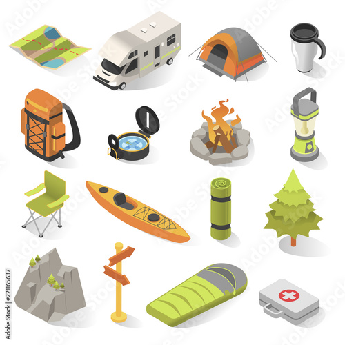 Camping and travel isometric elements vector illustration