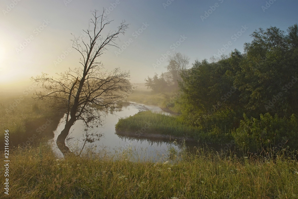 misty morning on the river in the foothills of the Urals