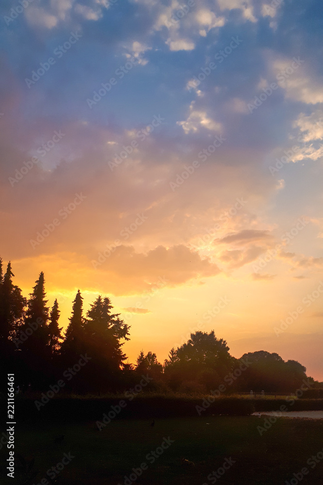 Beautiful orange clouds in the sky during sunset. Trees are visible on the horizon Beautiful orange clouds in the sky during sunset. Trees are visible on the horizon